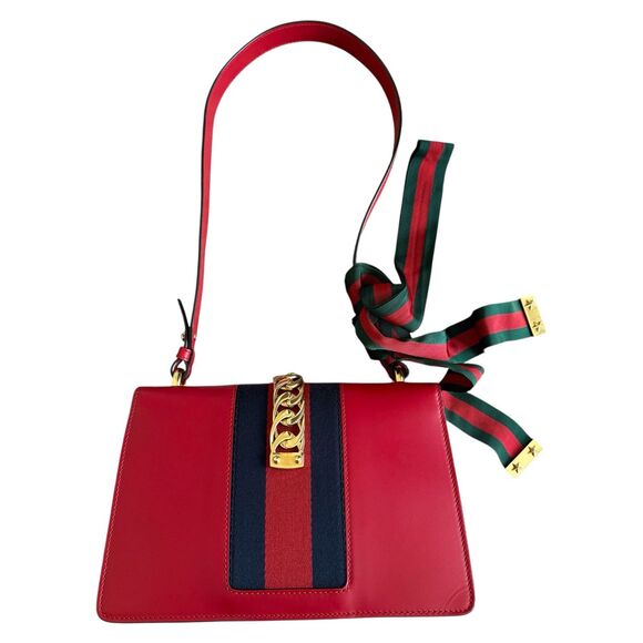 AUTHENTIC Gucci Red Leather Sylvie Sholuder Bag with gold Tone chain And Web - Picture 7 of 7
